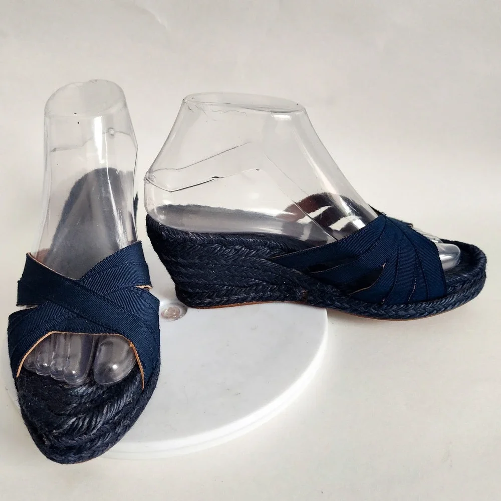 Stubbs & Wootton Sandals 37 / 6 Espadrille Wedge Blue‎ Ribbon Slip On Open Toe